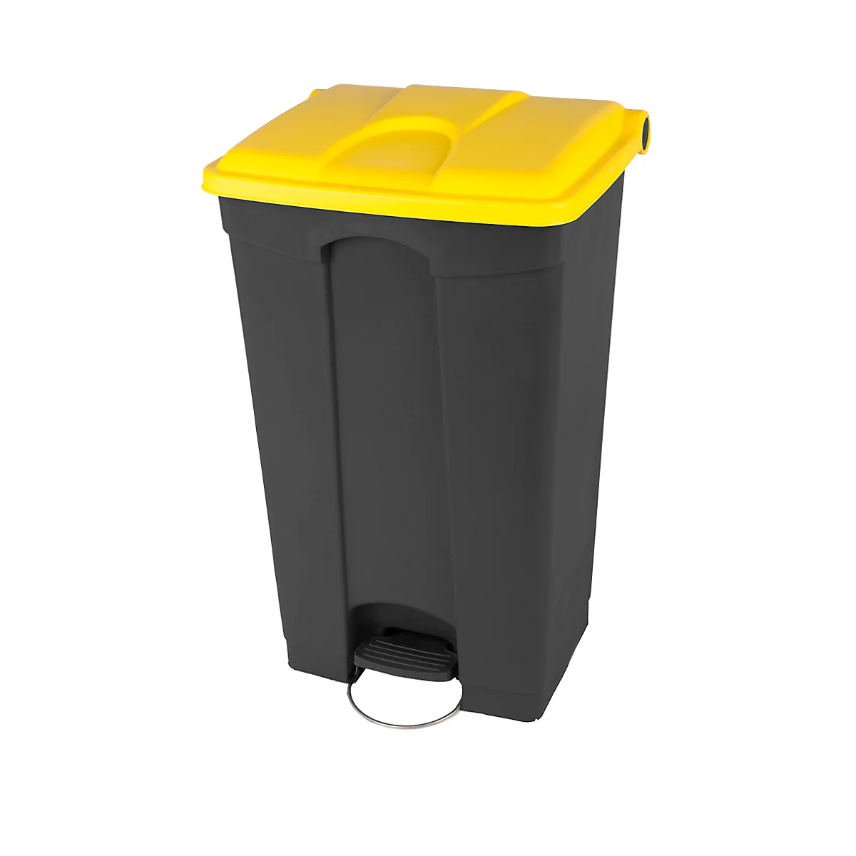 Poubelle noire avec couvercle jaune. La poubelle a une ouverture à pédale.