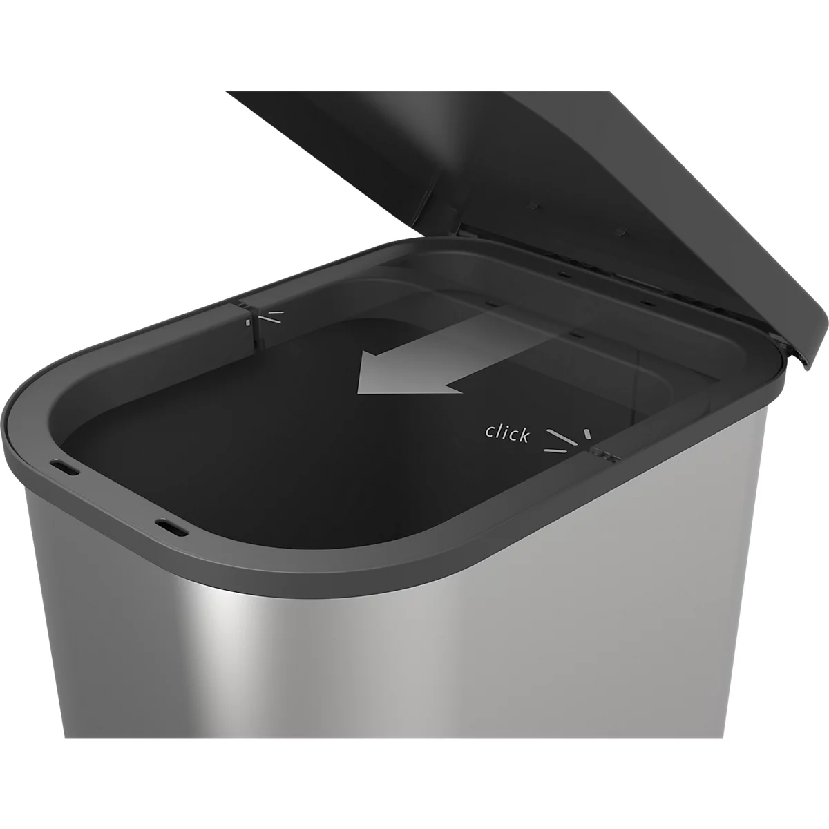 Poubelle à pédale Rotho Ribo, capacité 35 l, avec couvercle et seau intérieur, L 400 x l 285 x H 513 mm, plastique recyclé, argenté
