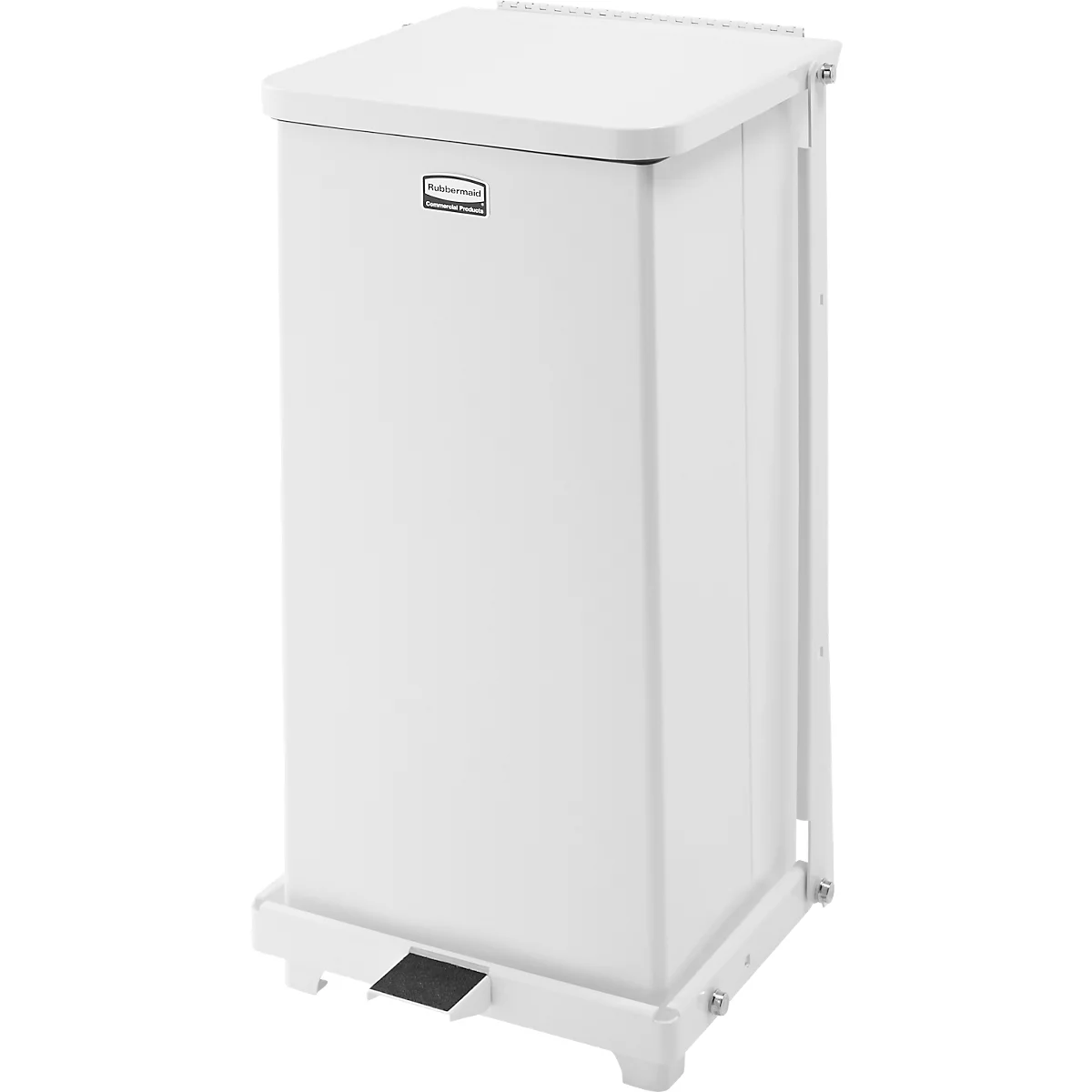 Poubelle blanche avec couvercle et marche, logo de l'entreprise, sur fond blanc.