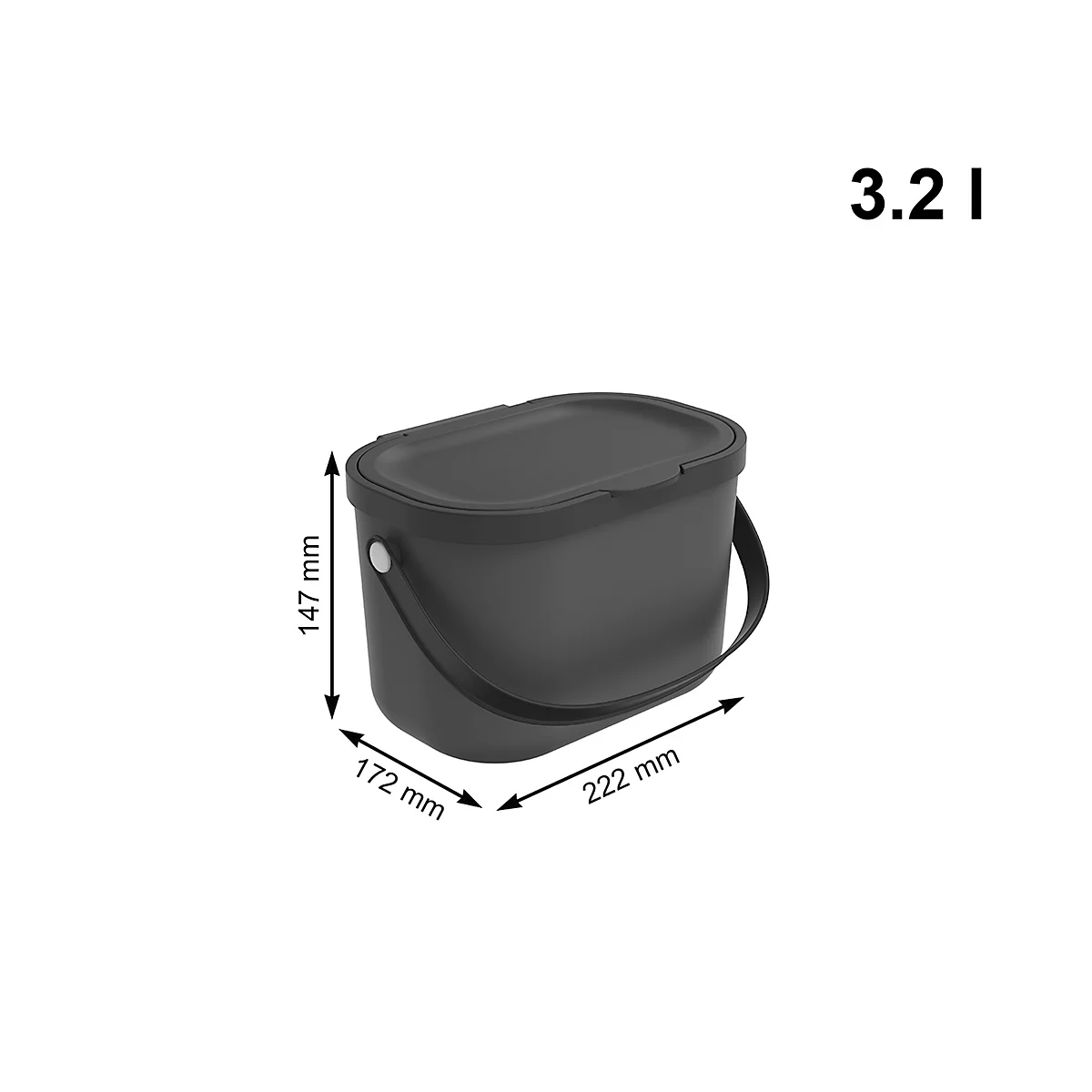 Poubelle bio ALBULA, capacité 3,2 litres, poignée en arceau, plastique recyclé, L 172 x P 222 x H 147 mm, anthracite