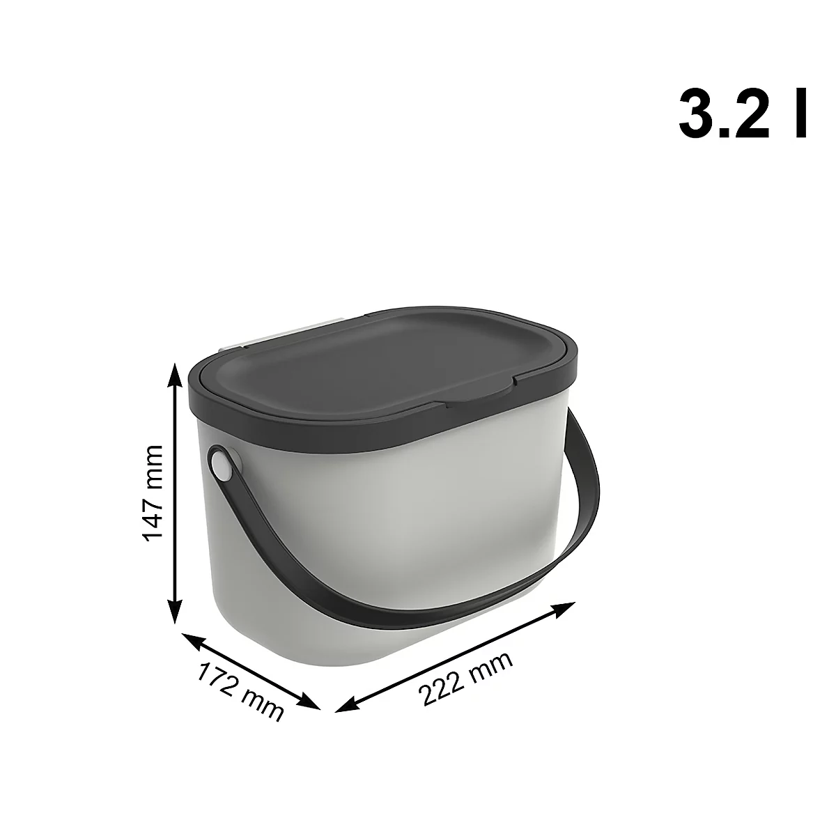 Poubelle bio ALBULA, capacité 3,2 litres, poignée en arceau, plastique recyclé, L 172 x P 222 x H 147 mm, blanc