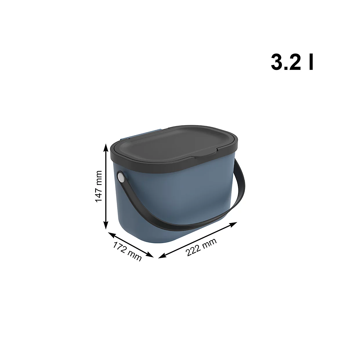 Poubelle bio ALBULA, capacité 3,2 litres, poignée en arceau, plastique recyclé, L 172 x P 222 x H 147 mm, bleu