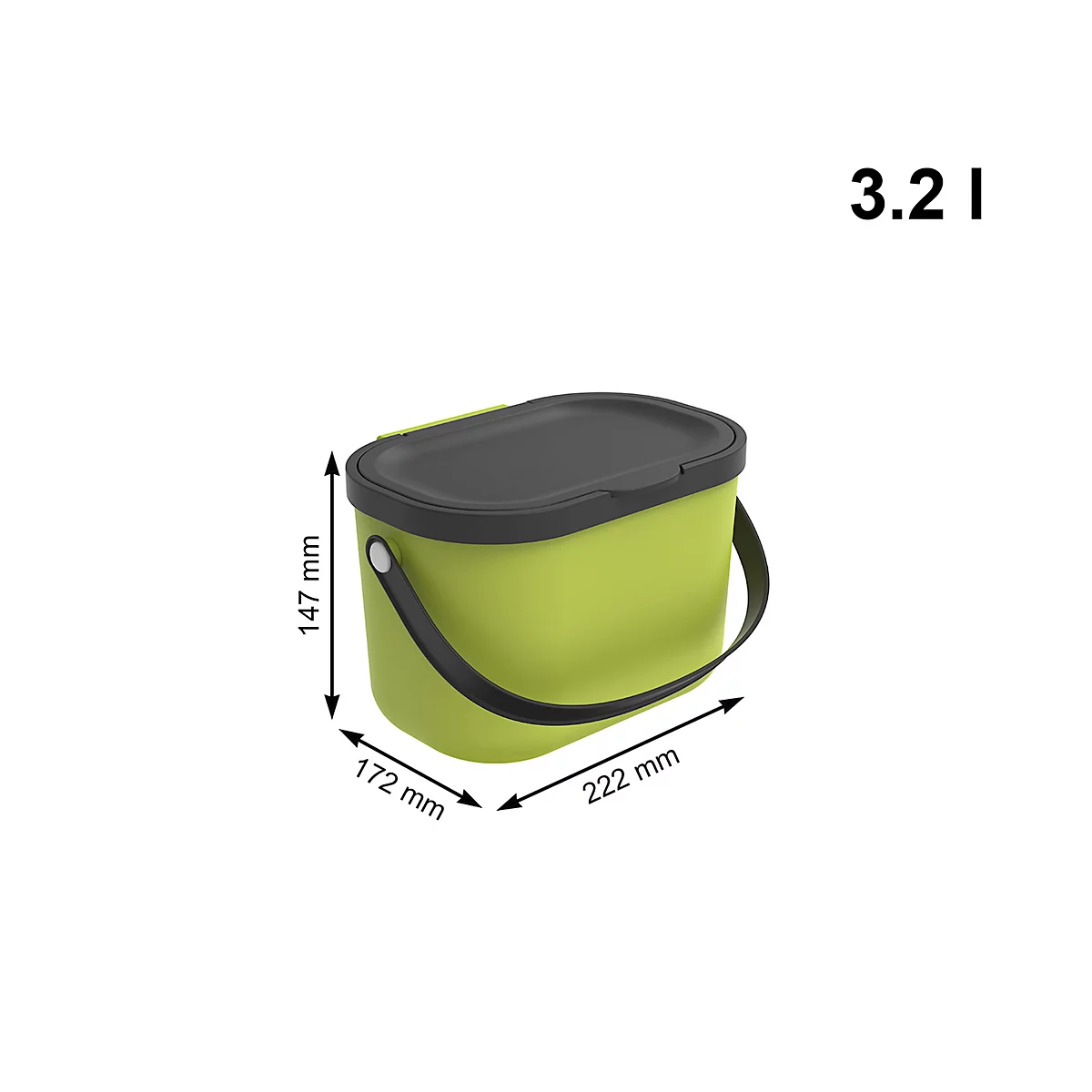 Poubelle bio ALBULA, capacité 3,2 litres, poignée en arceau, plastique recyclé, L 172 x P 222 x H 147 mm, citron vert