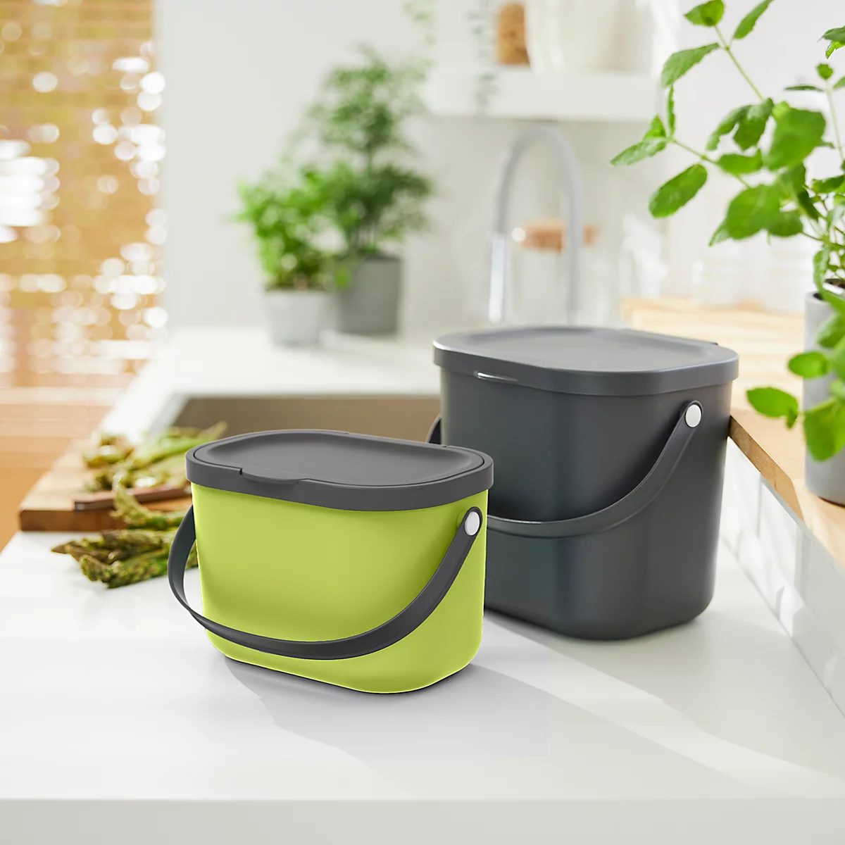 Poubelle bio ALBULA, capacité 3,2 litres, poignée en arceau, plastique recyclé, L 172 x P 222 x H 147 mm, citron vert