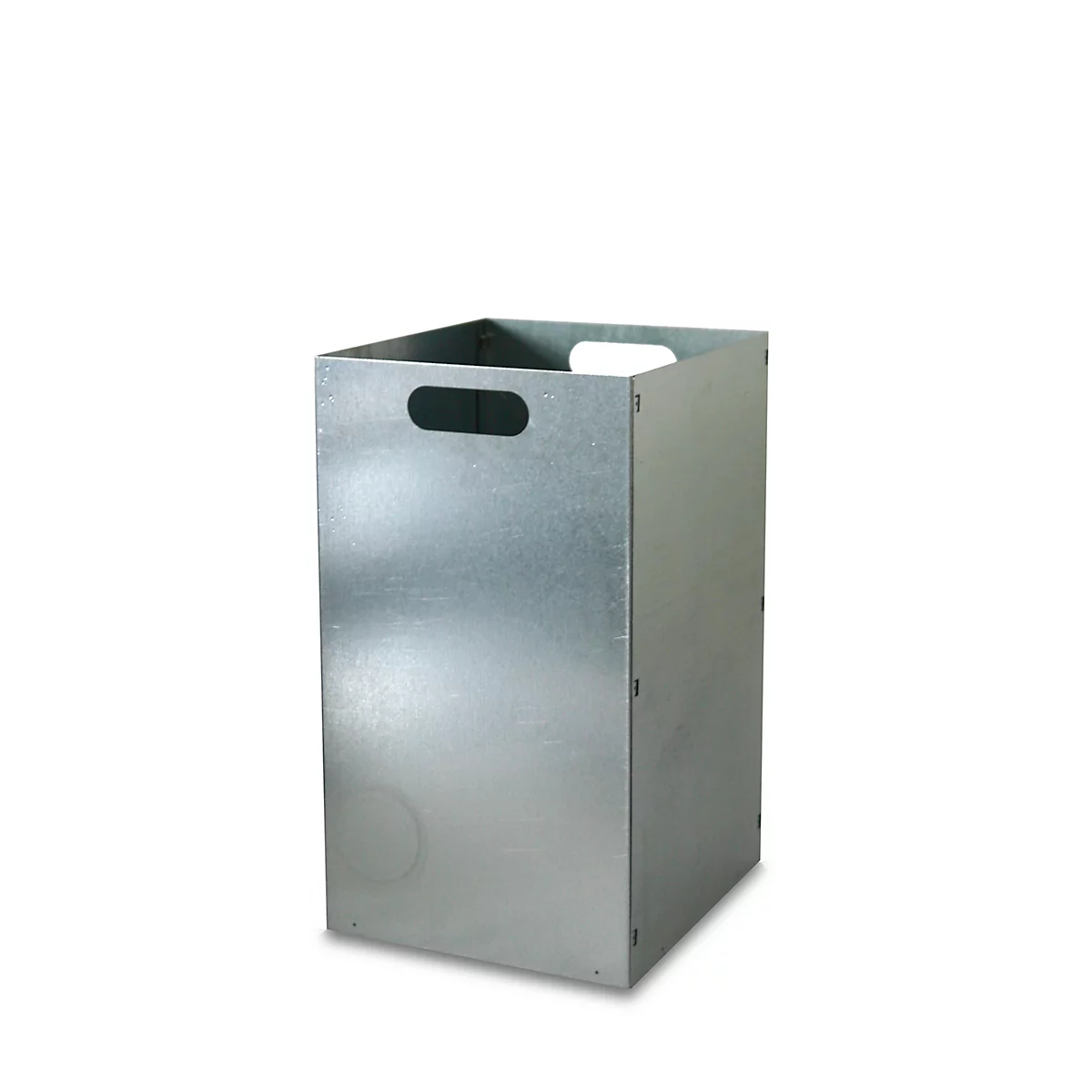 Un conteneur rectangulaire en métal avec des ouvertures pour les poignées, sur fond blanc.
