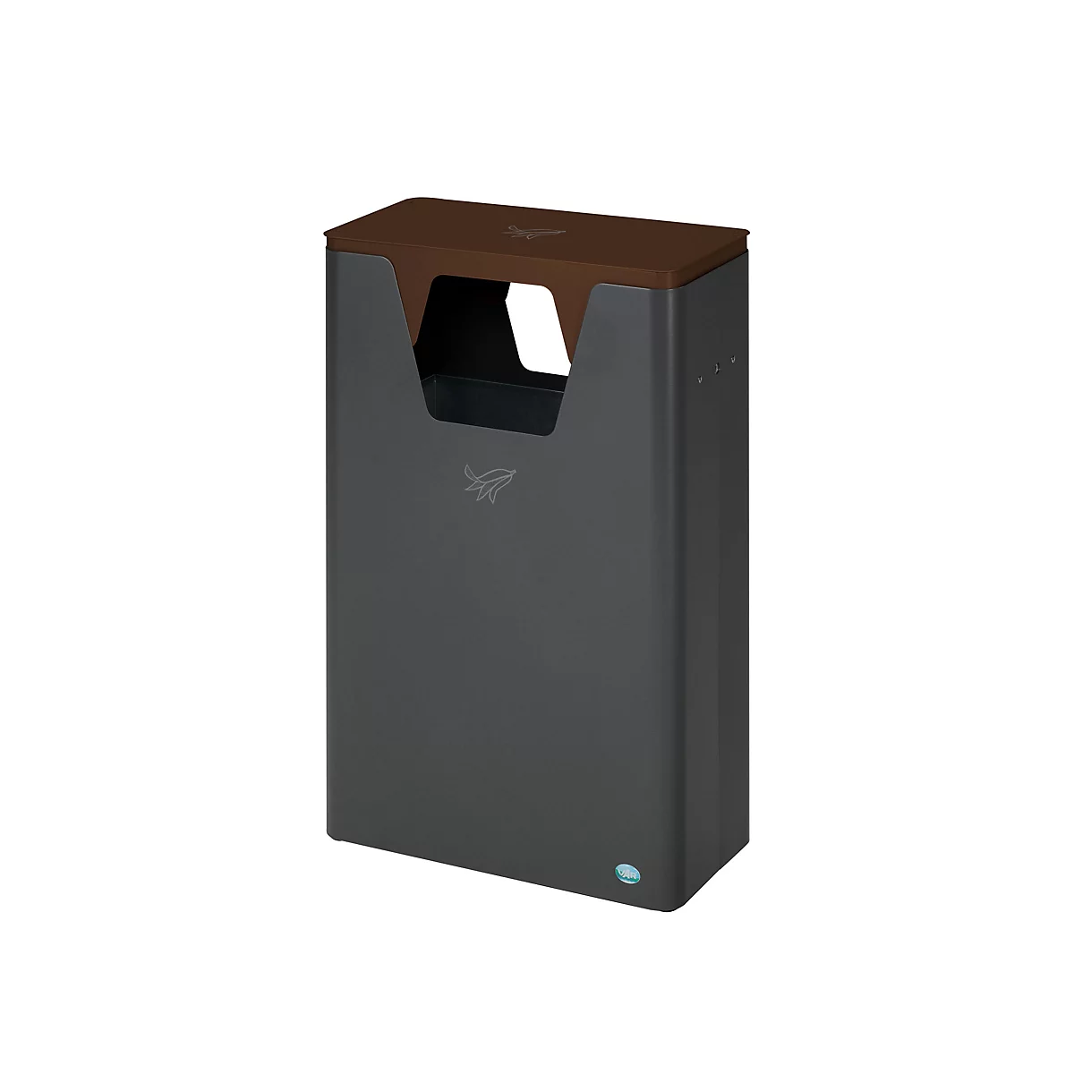 Poubelle anthracite avec couvercle marron. Une ouverture en haut, un bouton bleu en bas. Logo sur le devant.