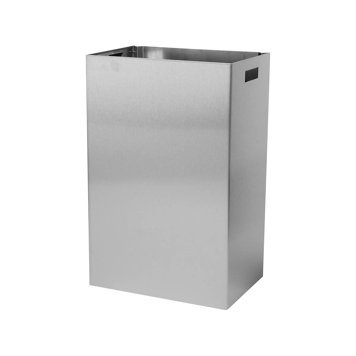 Une poubelle rectangulaire argentée, avec des ouvertures sur les côtés et le dessus.