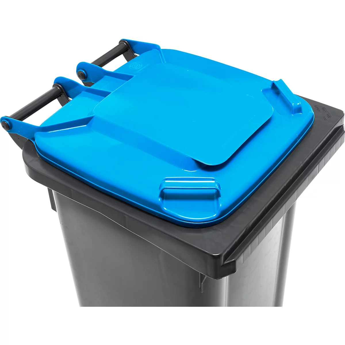 Poubelle mobile SSI Schäfer GMT eXtra, 120 l, EN 840, préparée pour recevoir une puce, poignée de traction, 90 % de plastique recyclé, noir-bleu