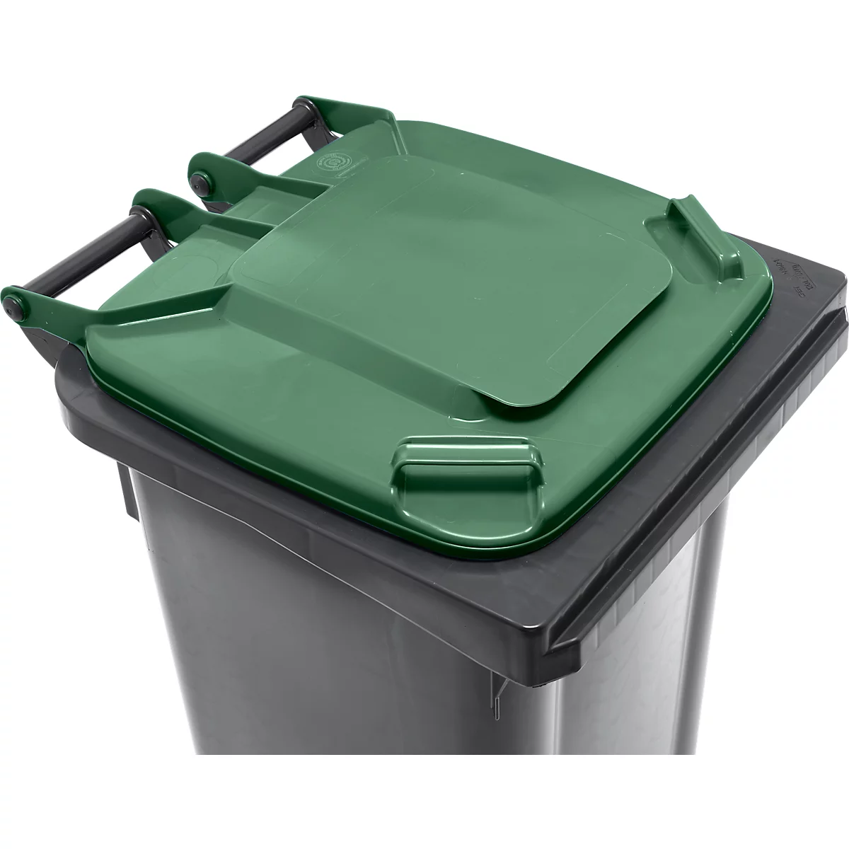 Poubelle mobile SSI Schäfer GMT eXtra, 120 l, EN 840, préparée pour recevoir une puce, poignée de traction, 90 % de plastique recyclé, noir-vert