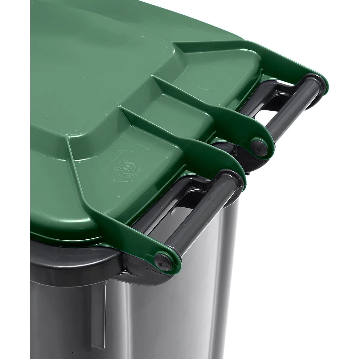 Poubelle mobile SSI Schäfer GMT eXtra, 120 l, EN 840, préparée pour recevoir une puce, poignée de traction, 90 % de plastique recyclé, noir-vert