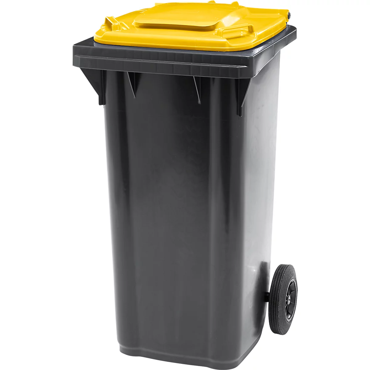 Poubelle mobile SSI Schäfer GMT eXtra, 120 l, EN 840, préparée pour recevoir une puce, poignée de traction, plastique recyclé à 90 %, noir-jaune