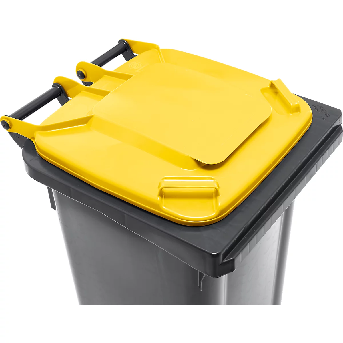 Poubelle mobile SSI Schäfer GMT eXtra, 120 l, EN 840, préparée pour recevoir une puce, poignée de traction, plastique recyclé à 90 %, noir-jaune