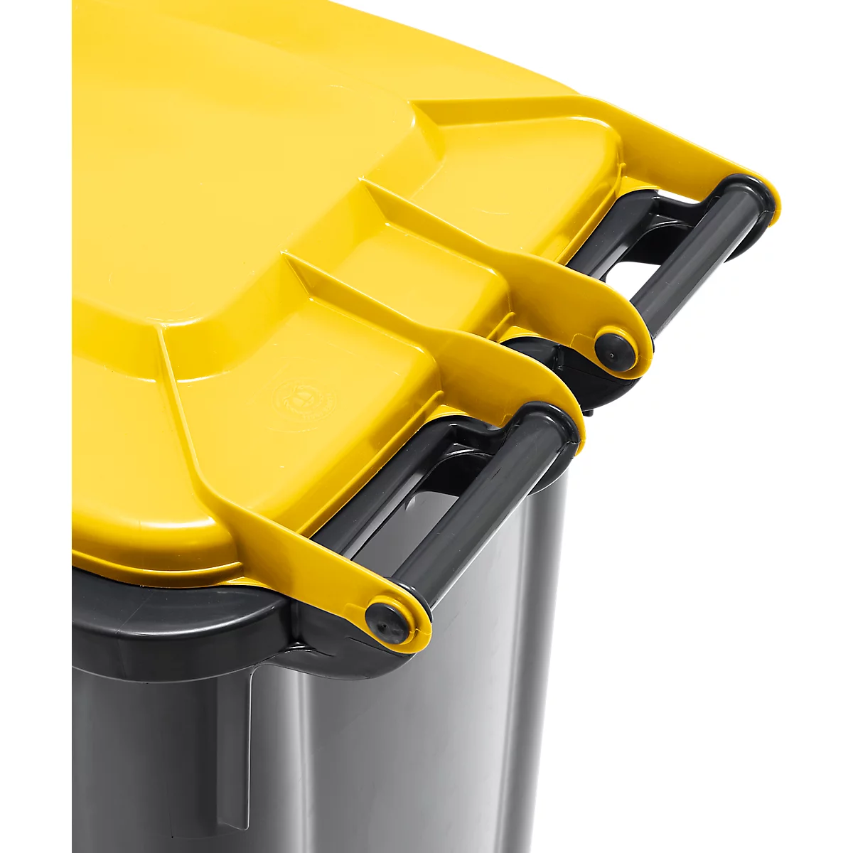 Poubelle mobile SSI Schäfer GMT eXtra, 120 l, EN 840, préparée pour recevoir une puce, poignée de traction, plastique recyclé à 90 %, noir-jaune