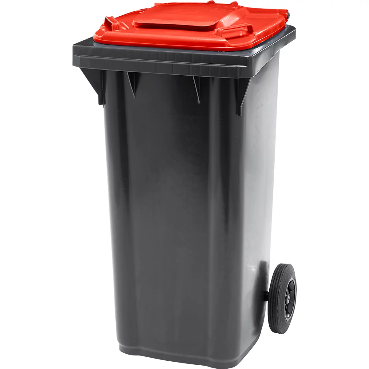 Poubelle mobile SSI Schaefer GMT eXtra, 120 l, EN 840, préparée pour recevoir une puce, poignée de traction, plastique recyclé à 90 %, noir-rouge
