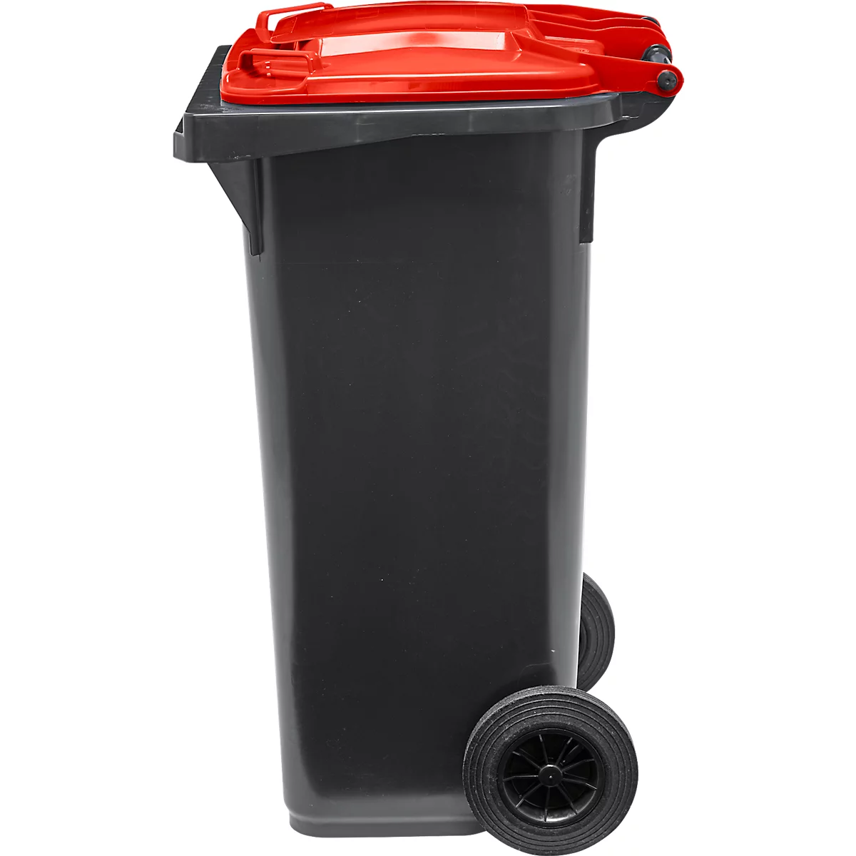 Poubelle mobile SSI Schaefer GMT eXtra, 120 l, EN 840, préparée pour recevoir une puce, poignée de traction, plastique recyclé à 90 %, noir-rouge