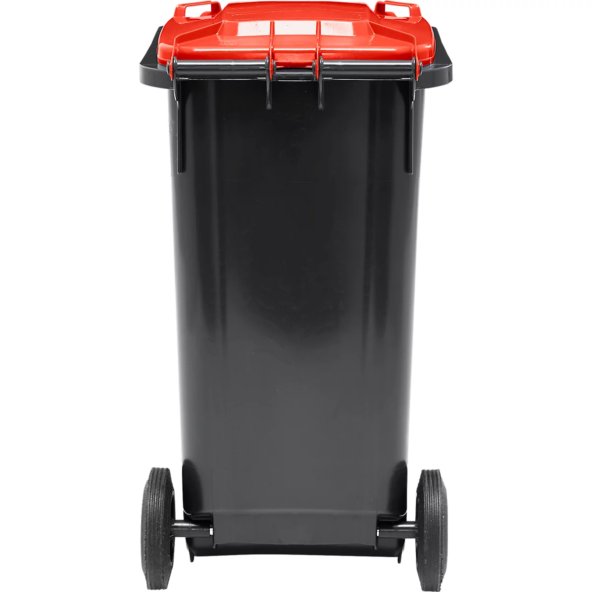 Poubelle mobile SSI Schaefer GMT eXtra, 120 l, EN 840, préparée pour recevoir une puce, poignée de traction, plastique recyclé à 90 %, noir-rouge