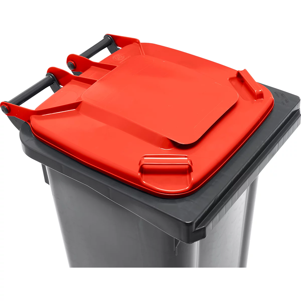 Poubelle mobile SSI Schaefer GMT eXtra, 120 l, EN 840, préparée pour recevoir une puce, poignée de traction, plastique recyclé à 90 %, noir-rouge