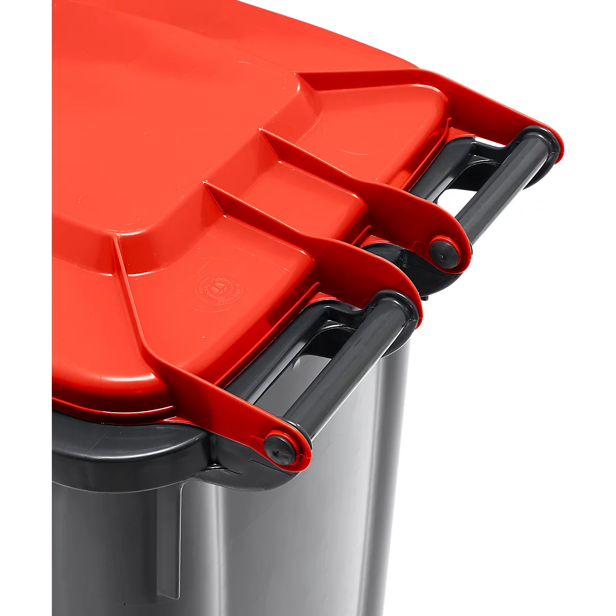 Poubelle mobile SSI Schaefer GMT eXtra, 120 l, EN 840, préparée pour recevoir une puce, poignée de traction, plastique recyclé à 90 %, noir-rouge