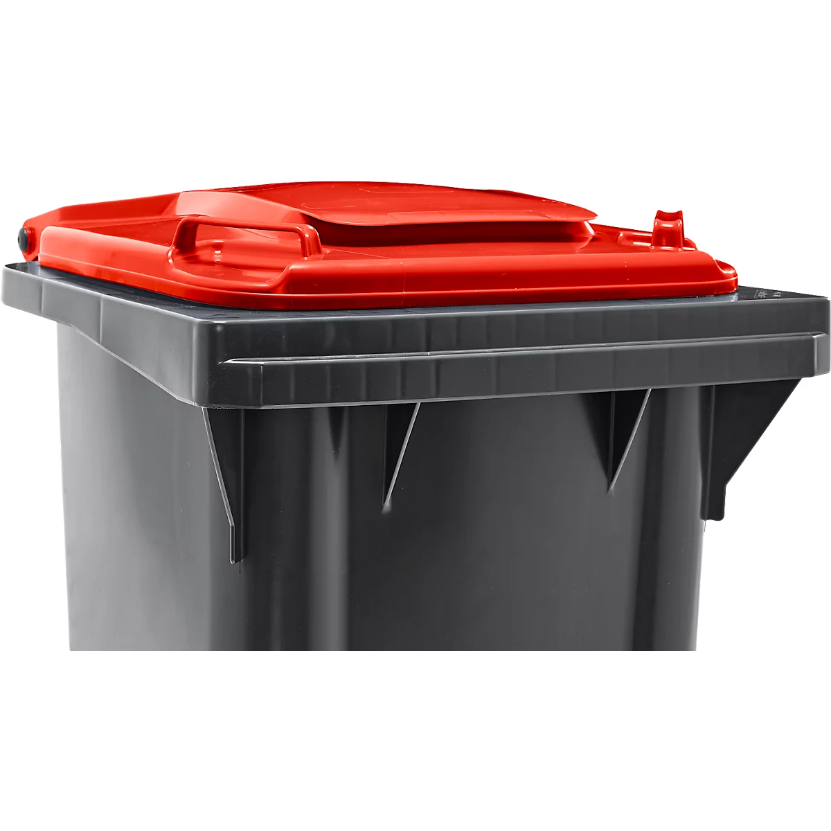 Poubelle mobile SSI Schaefer GMT eXtra, 120 l, EN 840, préparée pour recevoir une puce, poignée de traction, plastique recyclé à 90 %, noir-rouge