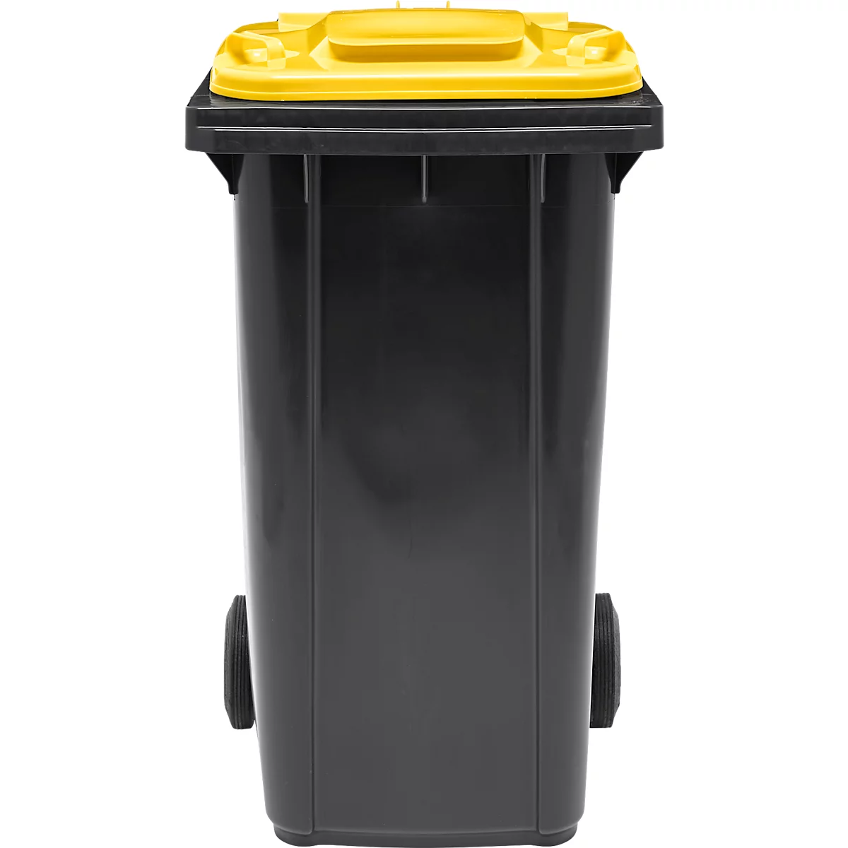 Poubelle mobile SSI Schäfer GMT eXtra, 240 l, EN 840, préparée pour recevoir une puce, poignée de traction, 90 % de plastique recyclé, noir-jaune