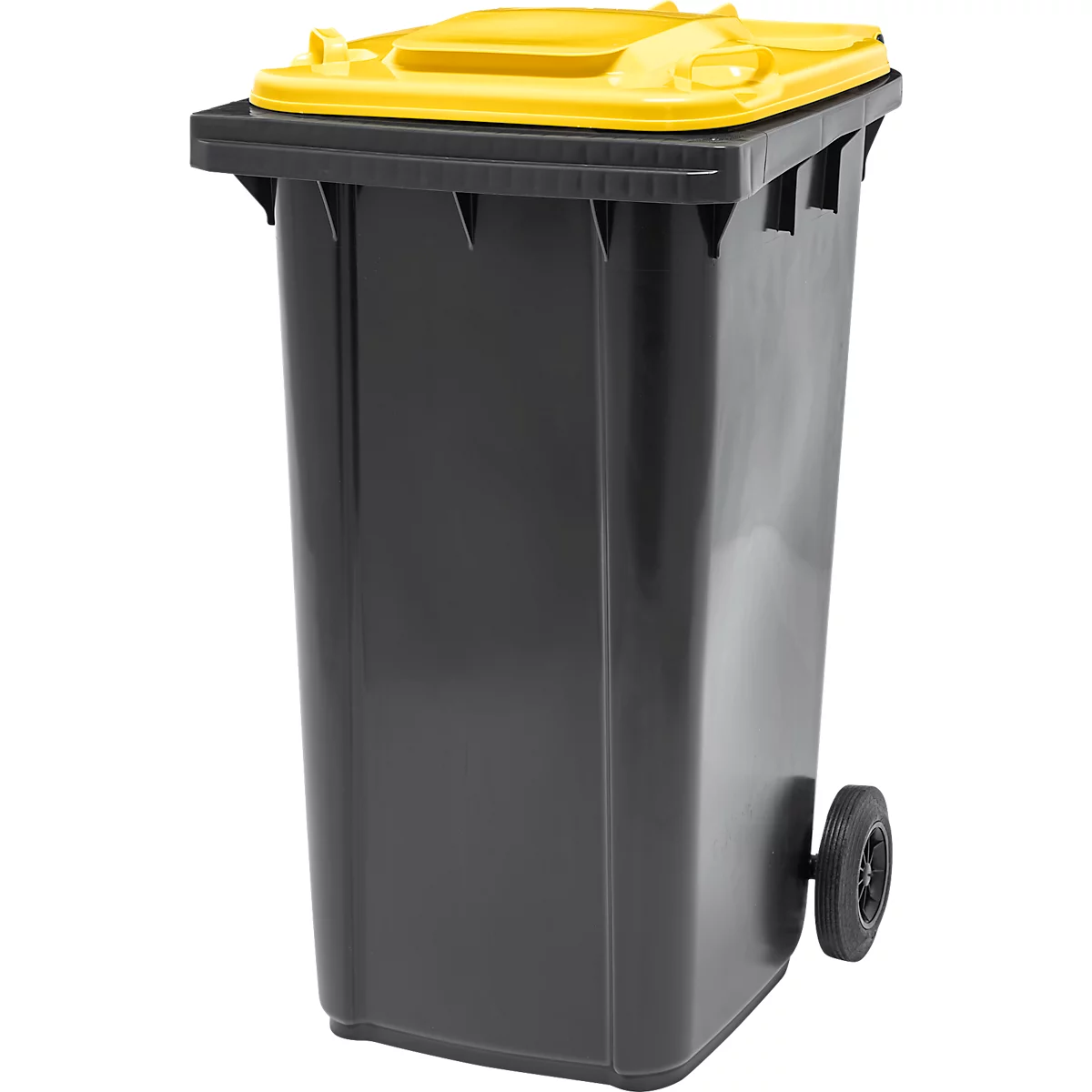 Poubelle mobile SSI Schäfer GMT eXtra, 240 l, EN 840, préparée pour recevoir une puce, poignée de traction, 90 % de plastique recyclé, noir-jaune