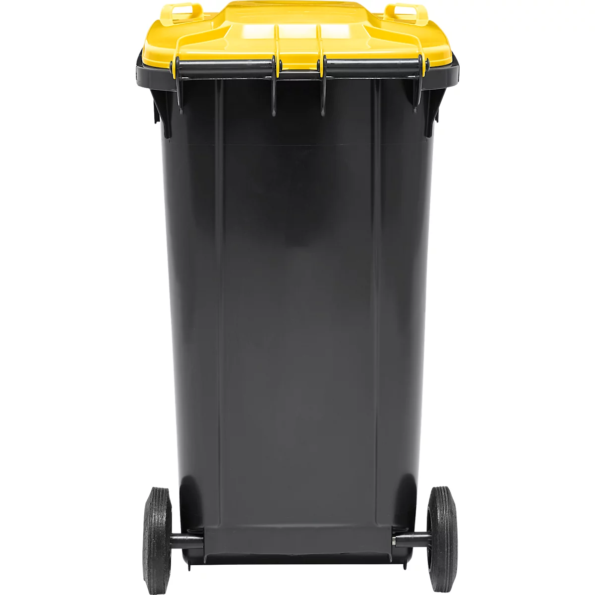 Poubelle mobile SSI Schäfer GMT eXtra, 240 l, EN 840, préparée pour recevoir une puce, poignée de traction, 90 % de plastique recyclé, noir-jaune