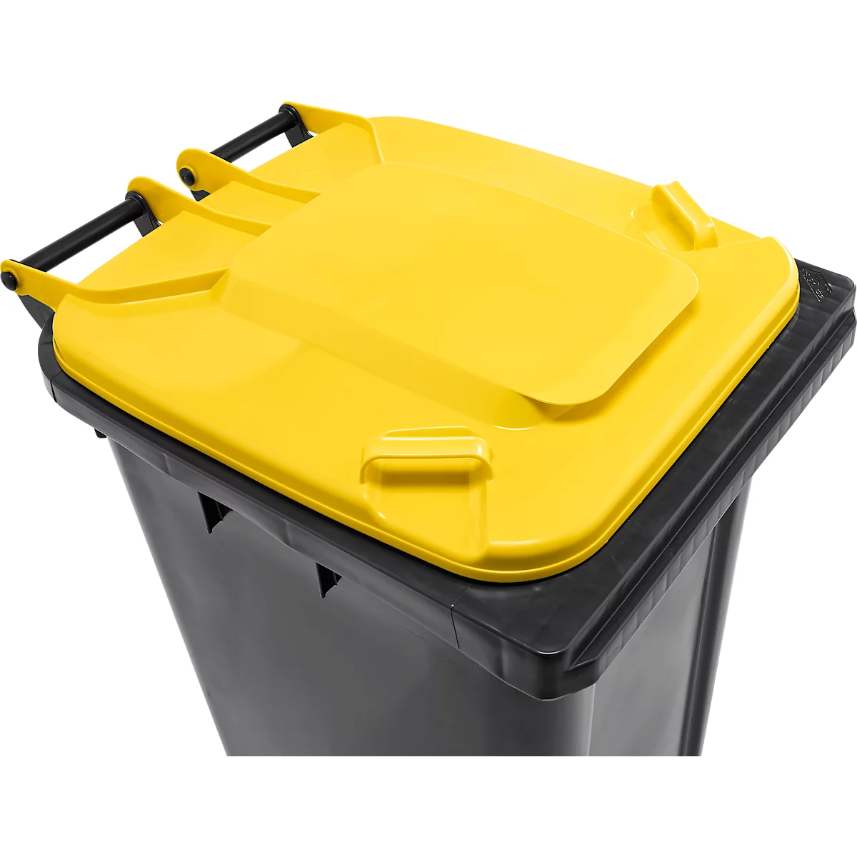 Poubelle mobile SSI Schäfer GMT eXtra, 240 l, EN 840, préparée pour recevoir une puce, poignée de traction, 90 % de plastique recyclé, noir-jaune