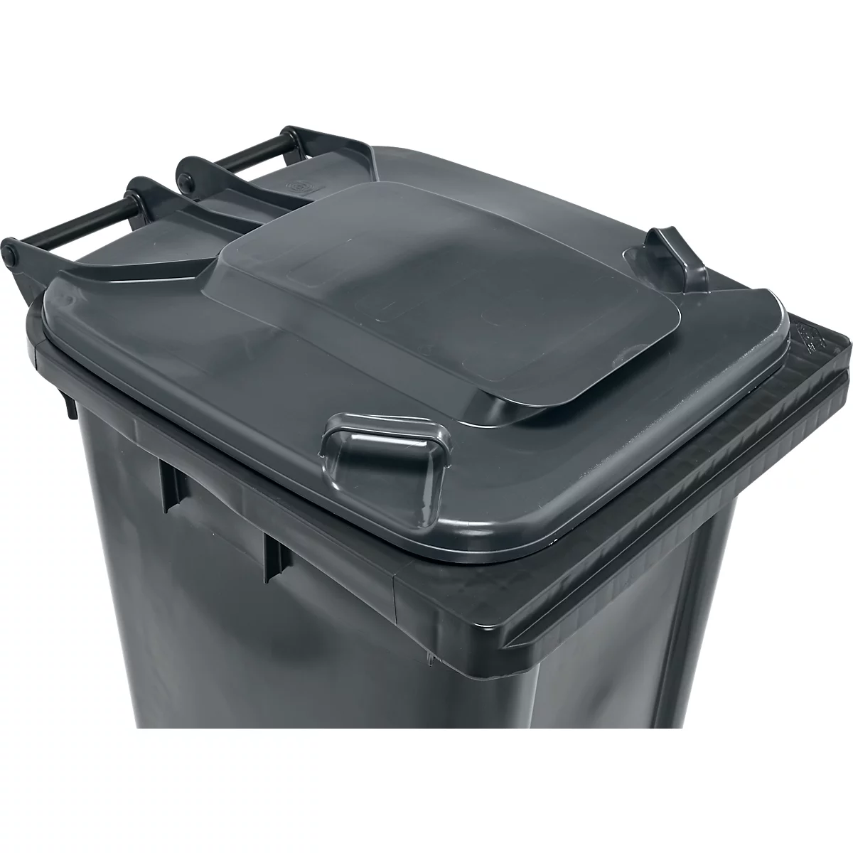 Poubelle mobile SSI Schäfer GMT eXtra, 240 l, EN 840, préparée pour recevoir une puce, poignée de traction, 90 % de plastique recyclé, noir-noir