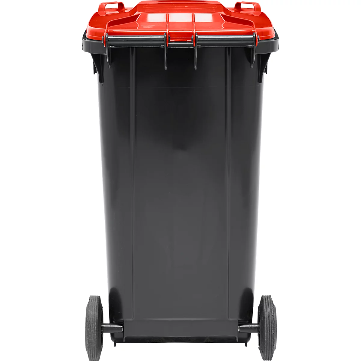 Poubelle mobile SSI Schäfer GMT eXtra, 240 l, EN 840, préparée pour recevoir une puce, poignée de traction, 90 % de plastique recyclé, noir-rouge