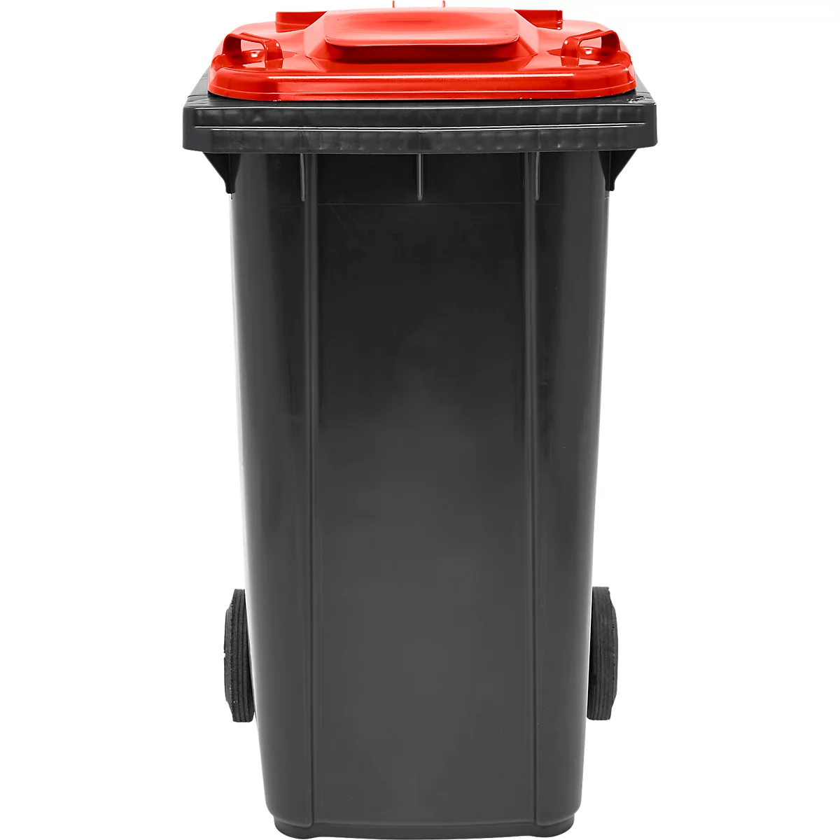 Poubelle mobile SSI Schäfer GMT eXtra, 240 l, EN 840, préparée pour recevoir une puce, poignée de traction, 90 % de plastique recyclé, noir-rouge