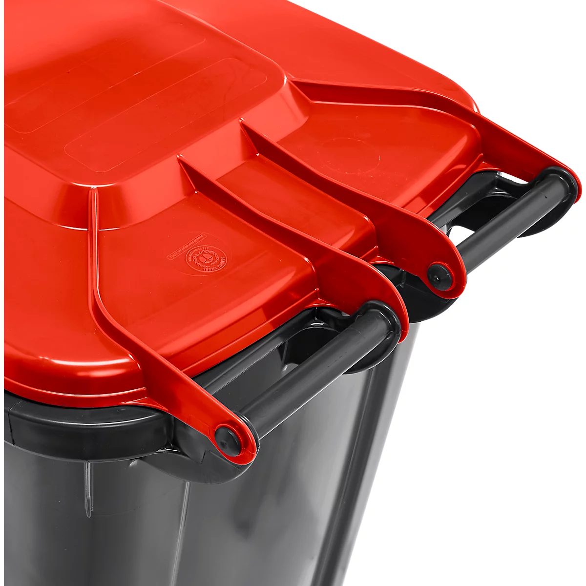 Poubelle mobile SSI Schäfer GMT eXtra, 240 l, EN 840, préparée pour recevoir une puce, poignée de traction, 90 % de plastique recyclé, noir-rouge