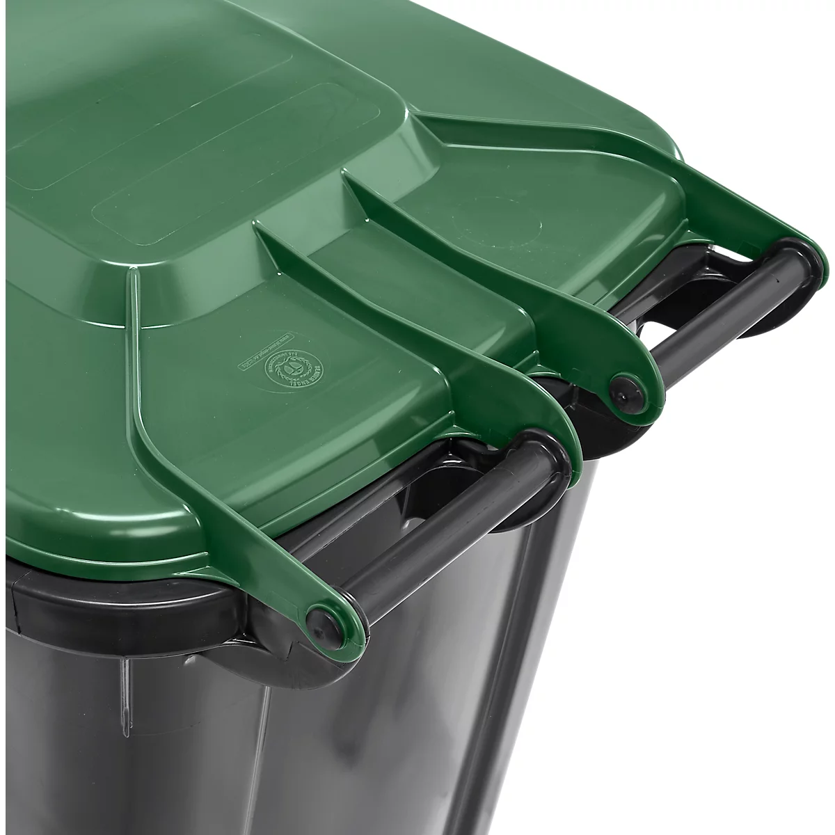 Poubelle mobile SSI Schäfer GMT eXtra, 240 l, EN 840, préparée pour recevoir une puce, poignée de traction, 90 % de plastique recyclé, noir-vert