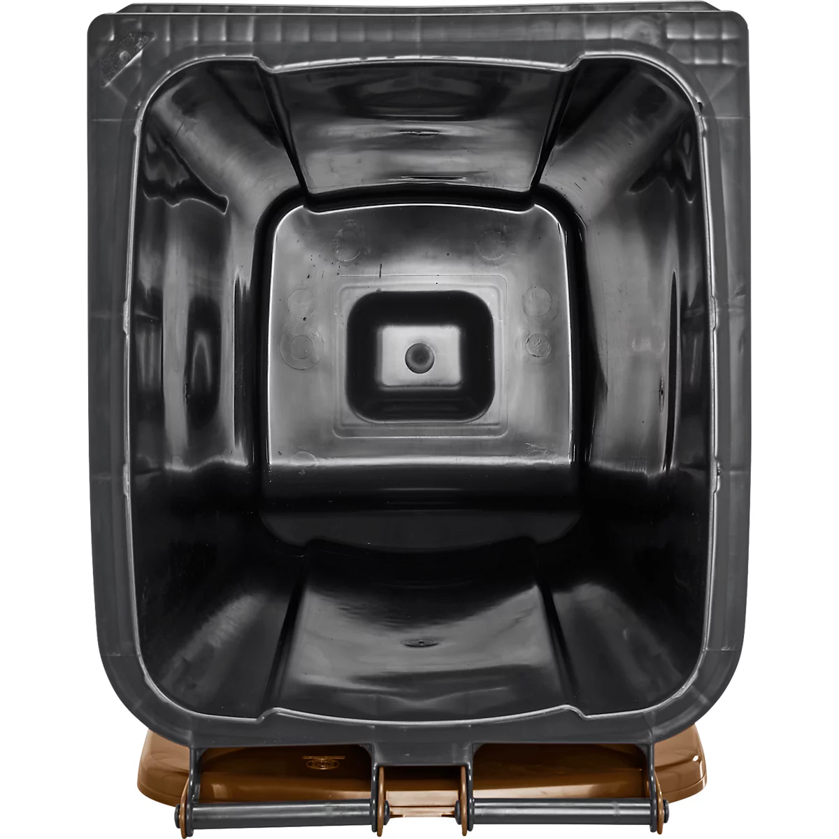 Vue de dessus d'un conteneur à ordures noir, l'intérieur est visible. Le conteneur a une forme rectangulaire avec des bords arrondis.