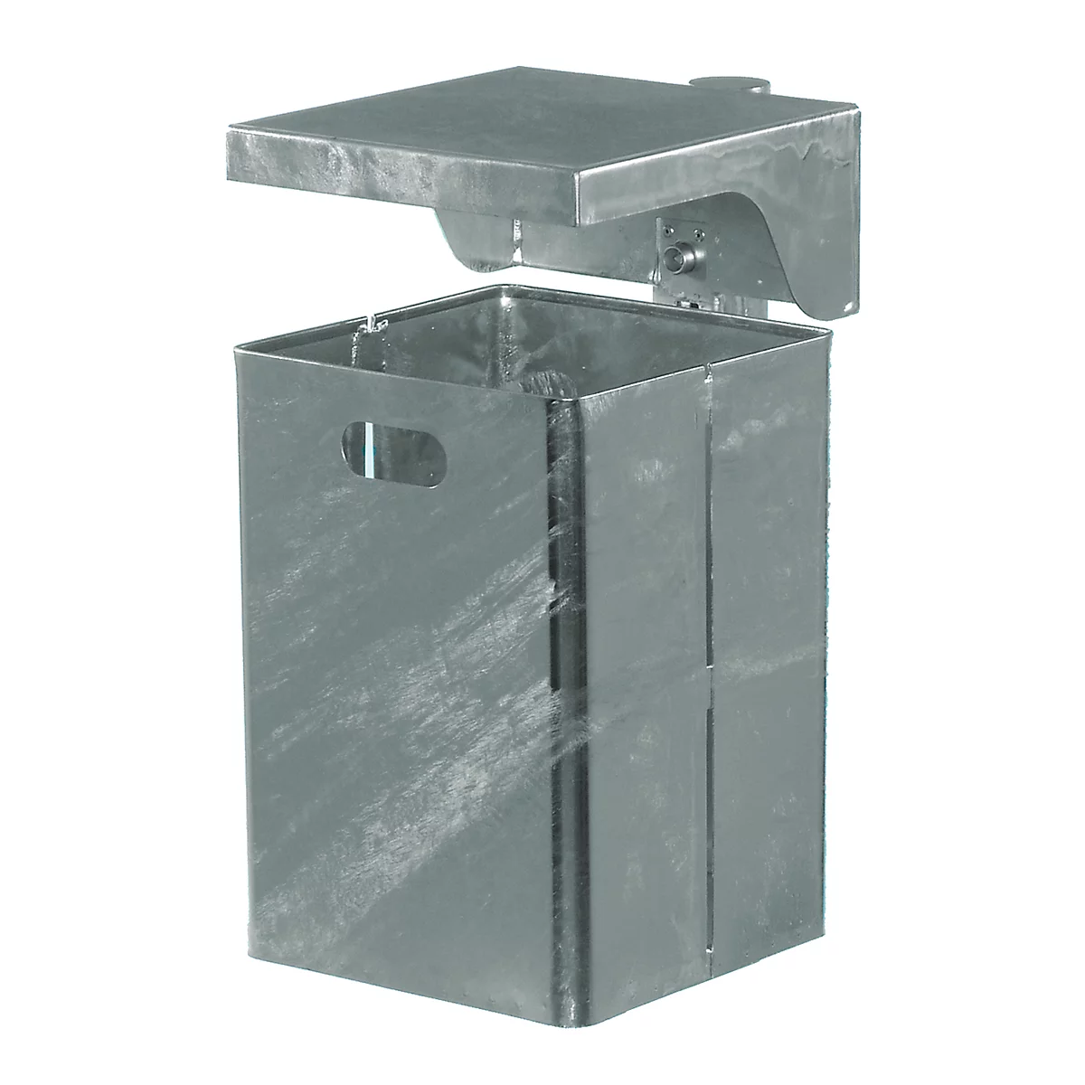 Conteneur métallique avec couvercle, fixé au mur. Le produit est présenté sur fond blanc.