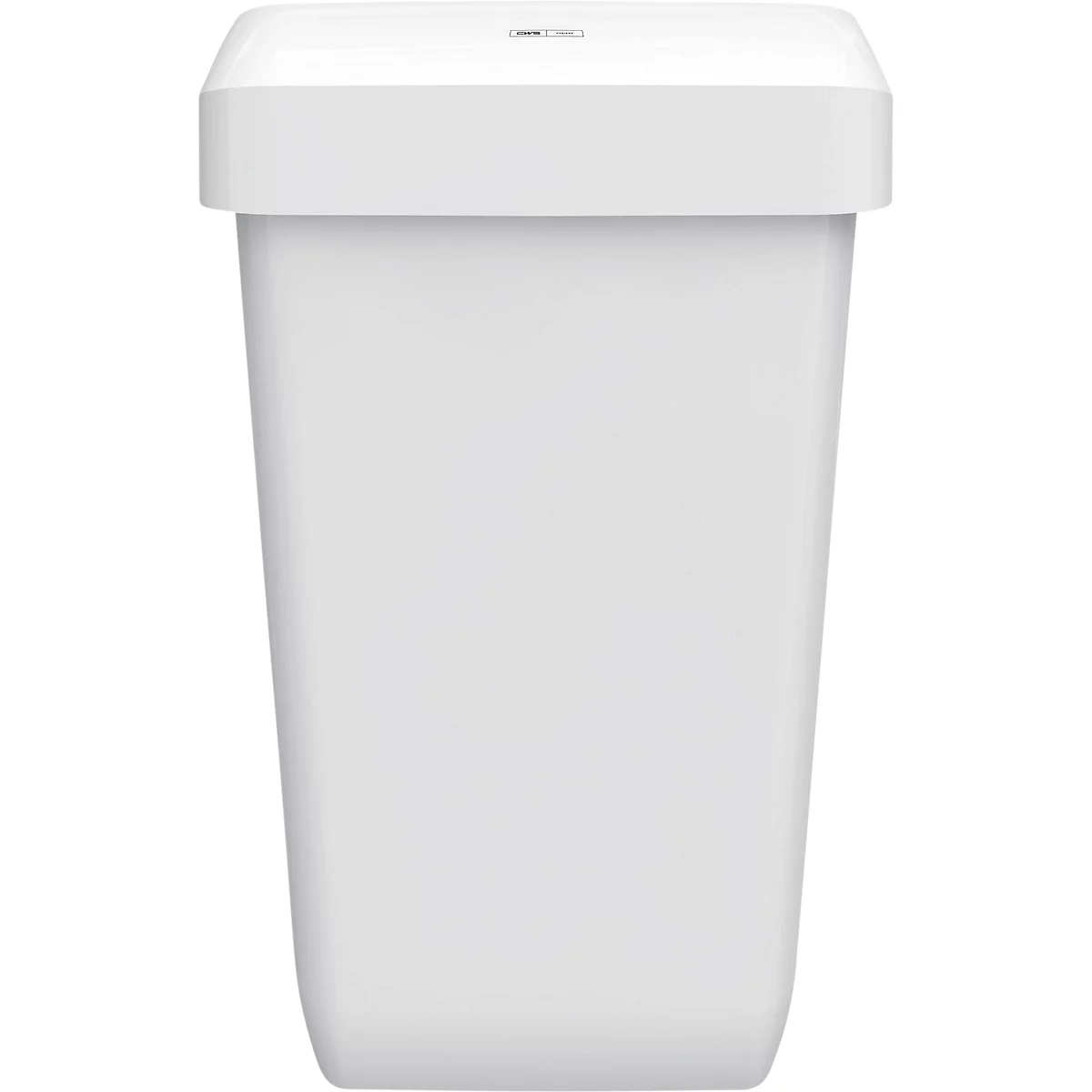 Une poubelle blanche minimaliste avec couvercle sur fond neutre.