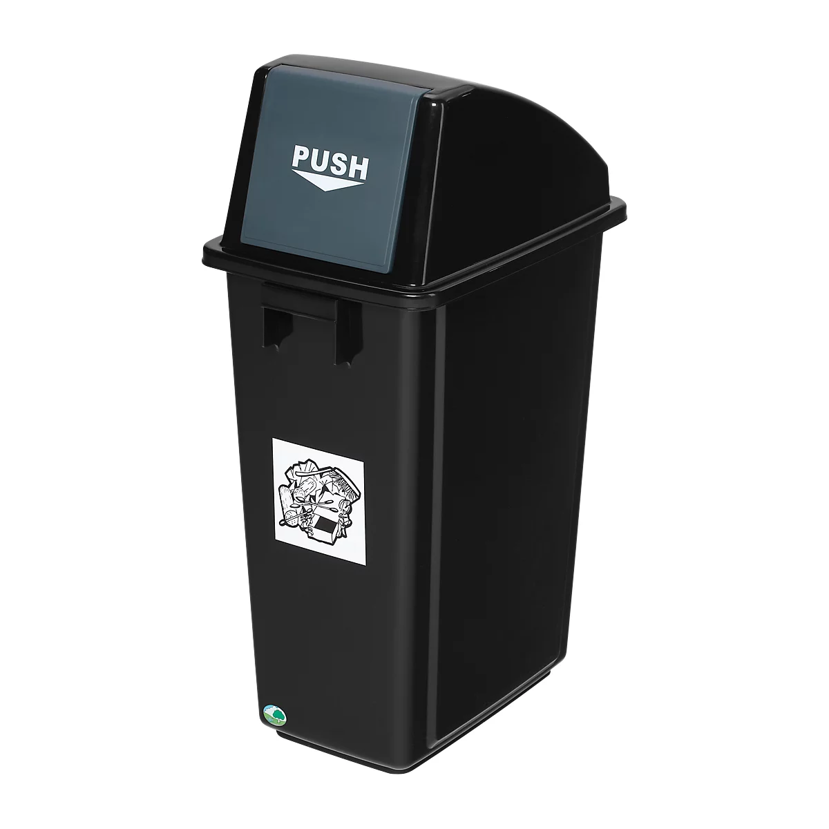Poubelle noire avec couvercle, texte "PUSH". Autocollant avec symbole de recyclage.