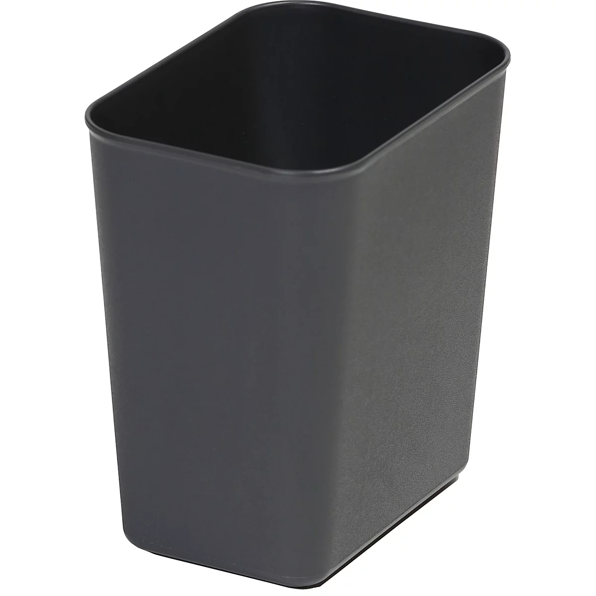 Poubelle rectangulaire gris foncé.