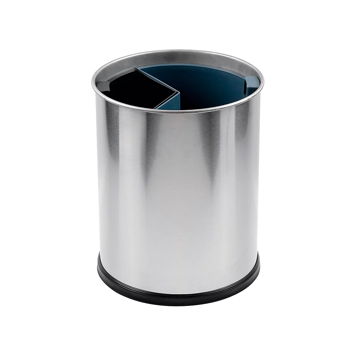 Porte-ustensiles de cuisine en acier inoxydable avec intérieur bleu et base noire.