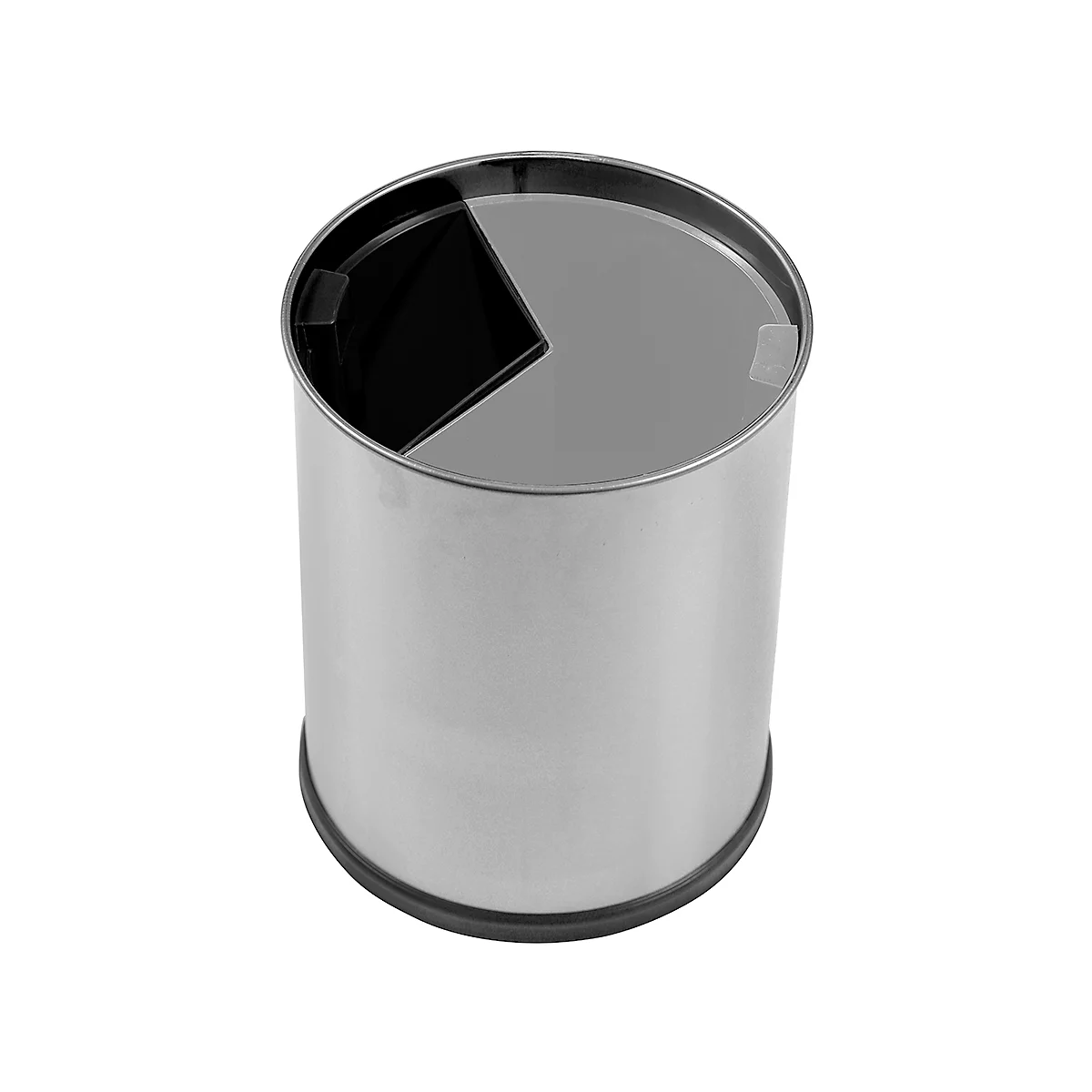 Poubelle cylindrique argentée avec couvercle divisé. La moitié supérieure est noire, le bas argent.