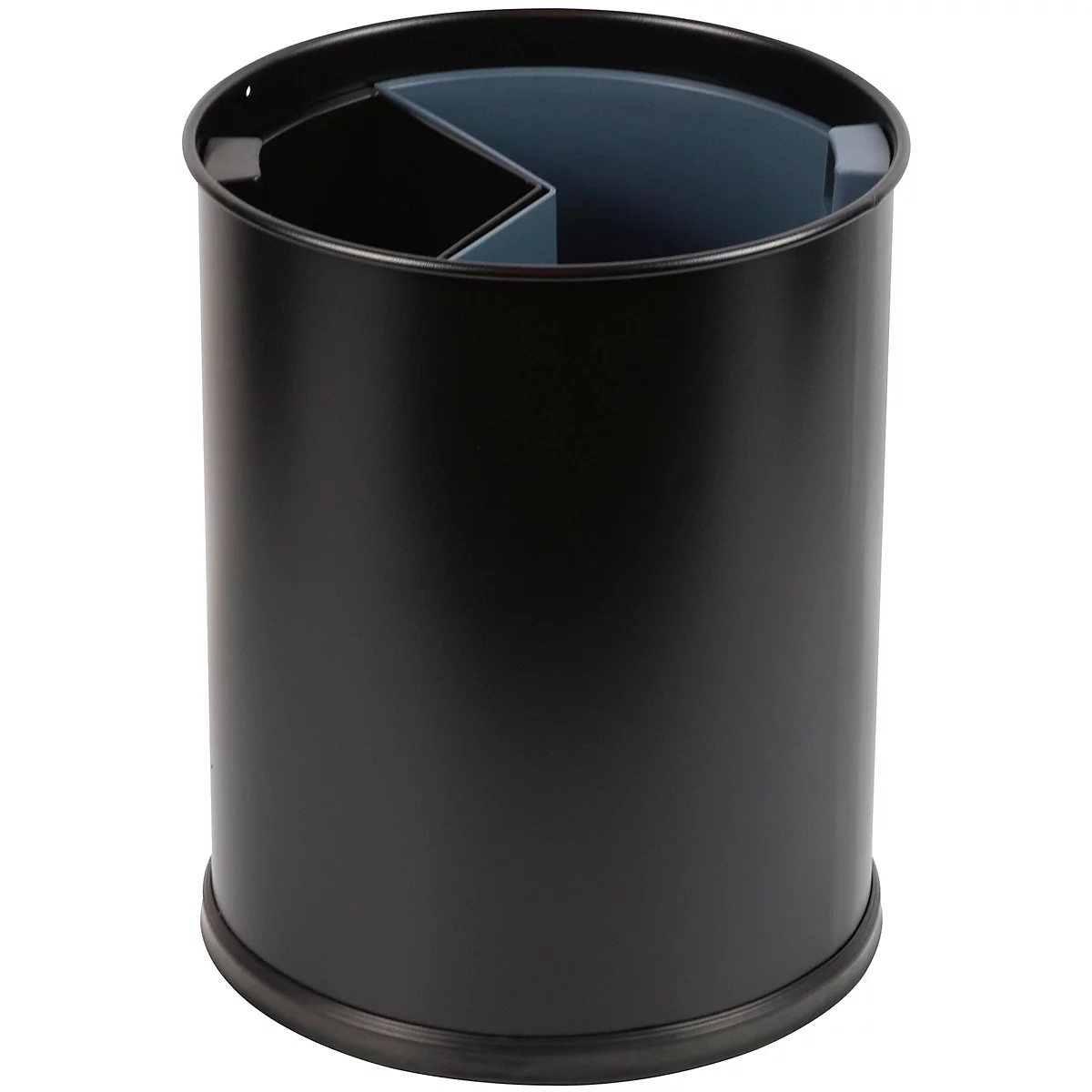 Porte-stylos noir, cylindrique, avec compartiments internes. Le bord supérieur et la base sont arrondis.