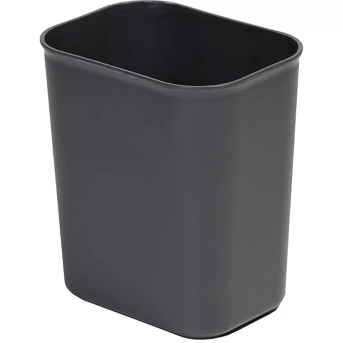 Poubelle rectangulaire gris foncé avec des coins arrondis.