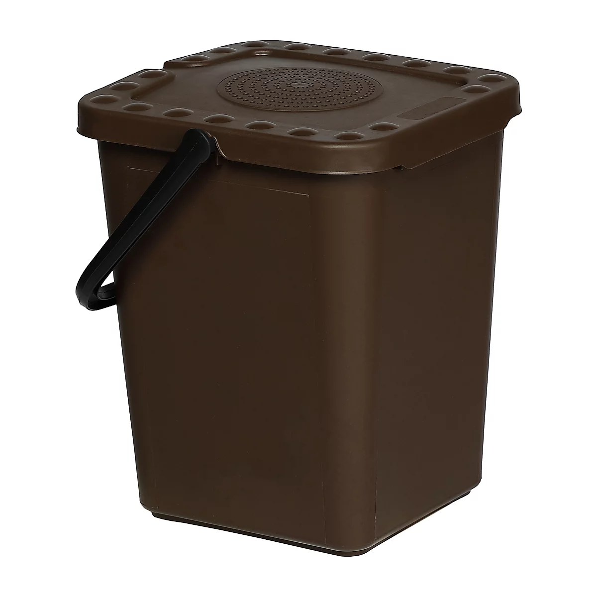 Bac à compost brun et carré avec couvercle et poignée. Le couvercle comporte de petits trous. La poignée est noire.