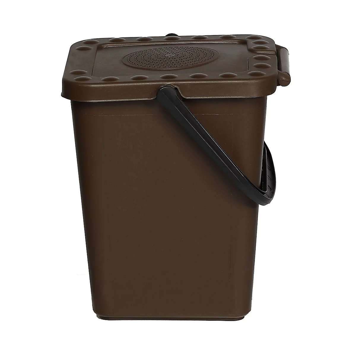 Poubelle à compost marron avec couvercle et poignée, sur fond blanc.