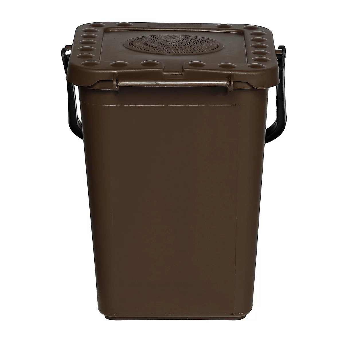 Poubelle à compost marron avec couvercle, poignées et ouvertures. Le couvercle a un motif concentrique.