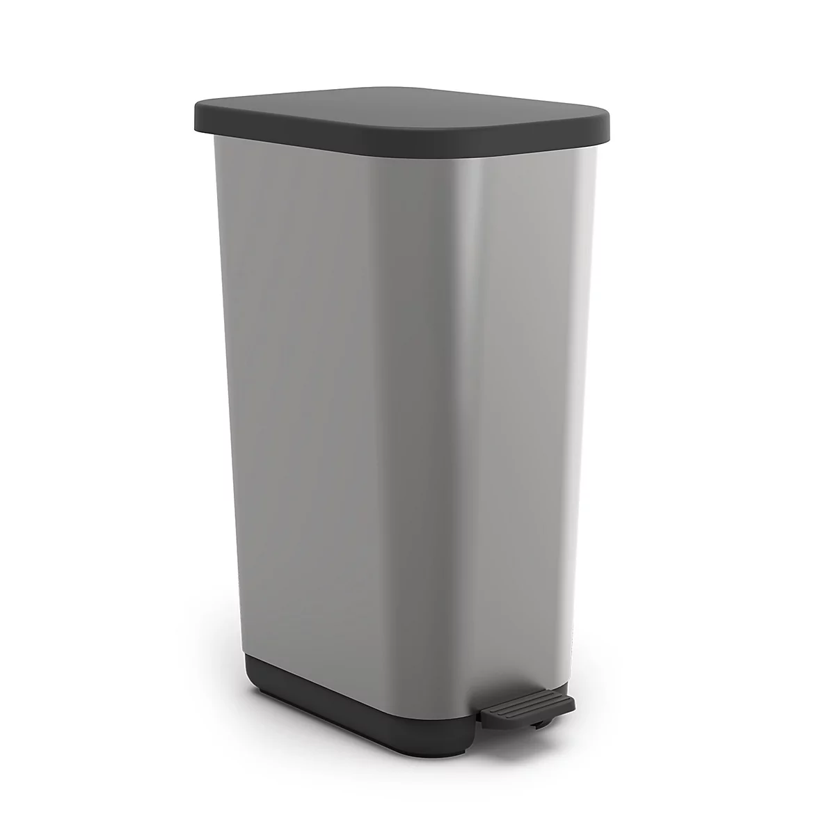 Poubelle grise avec couvercle noir et pédale.