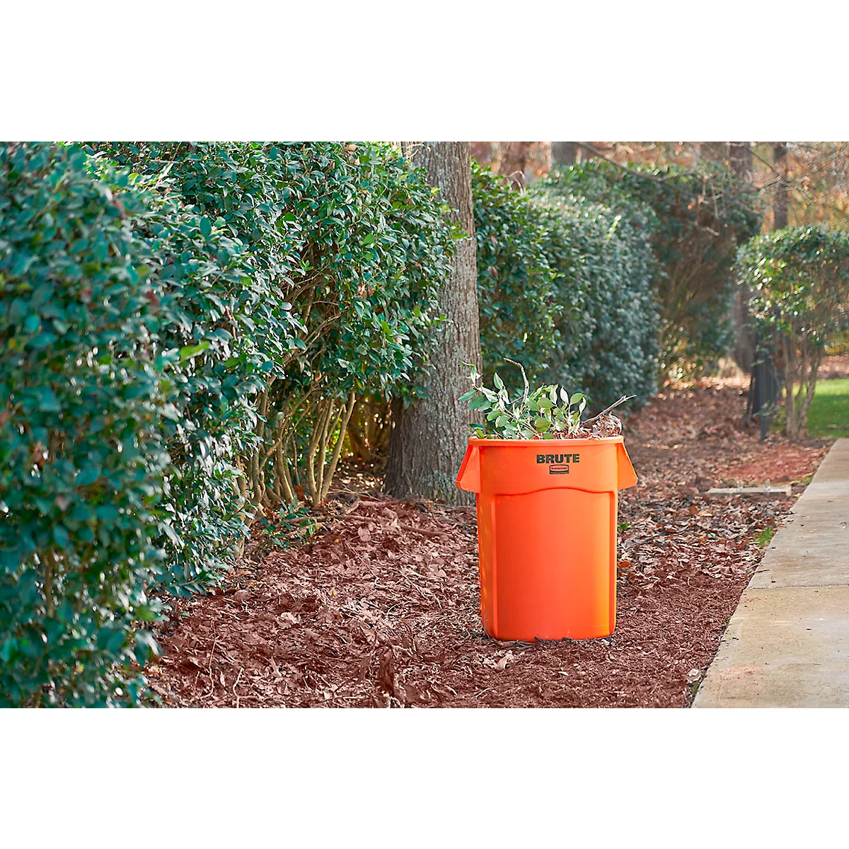 Une poubelle orange dans un jardin se dresse entre des buissons, remplie de verdure, le nom est visible.