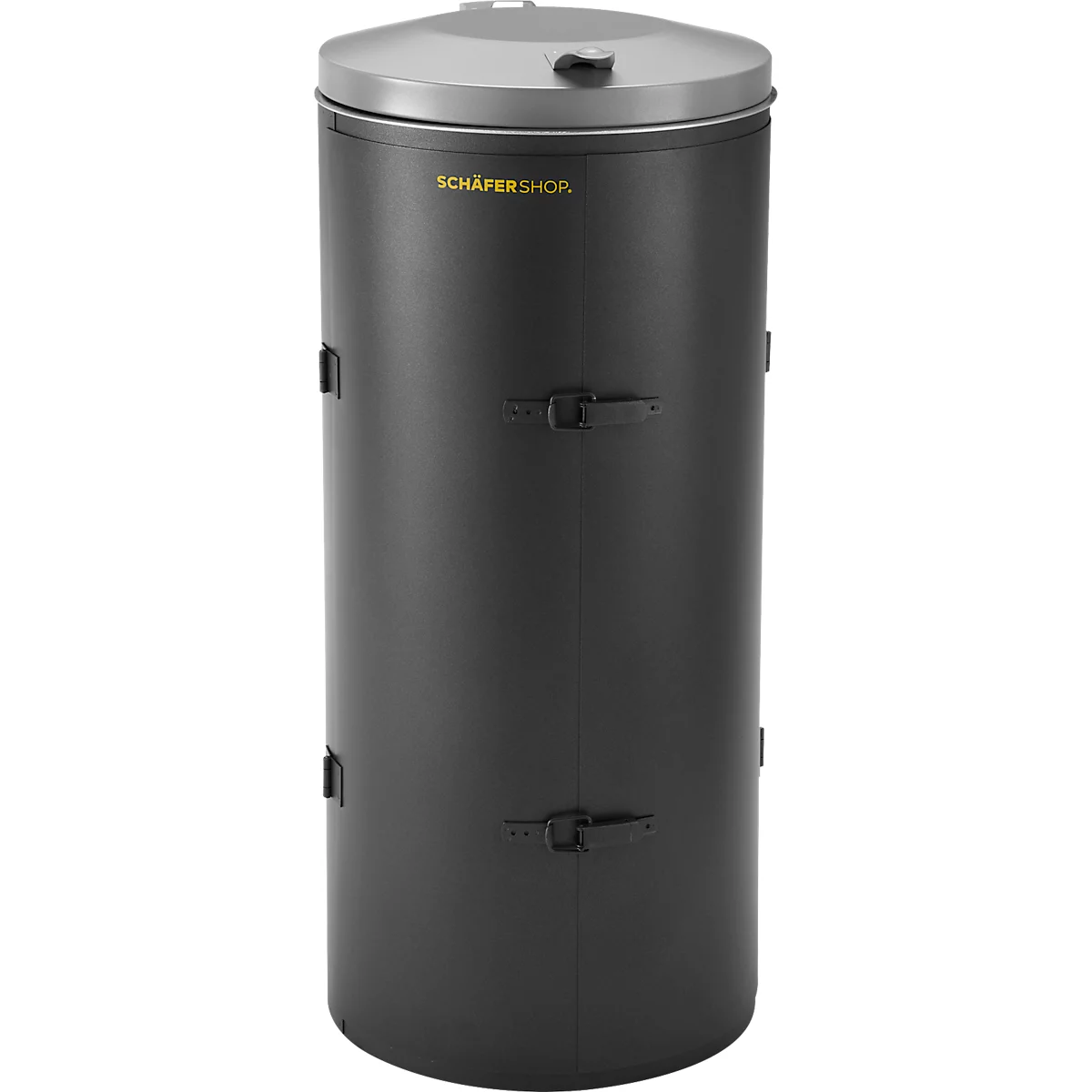 Composteur noir, cylindrique, avec couvercle argenté et l'inscription "SCHÄFER SHOP". Des fermetures sont fixées sur le côté et sur le couvercle.