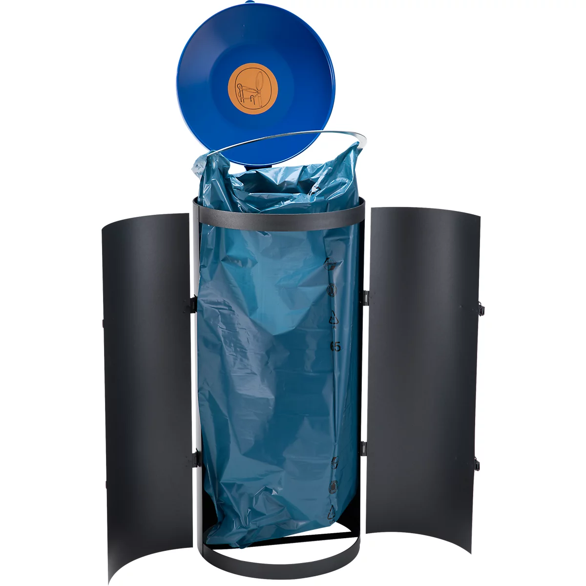 Poubelle bleue avec couvercle et portes; le sac poubelle est visible à l'intérieur.