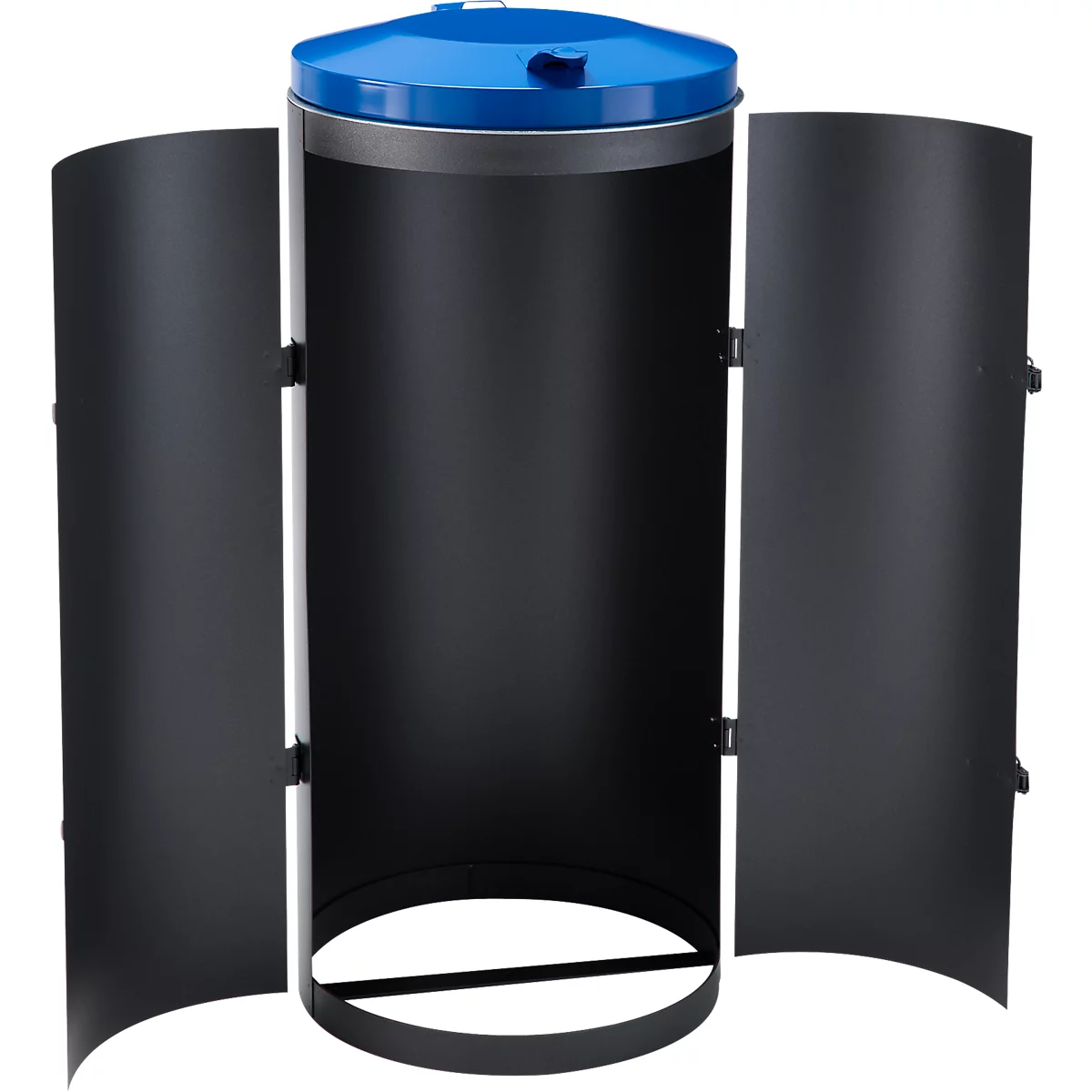 Poubelle en métal noir avec couvercle bleu, portes ouvertes.