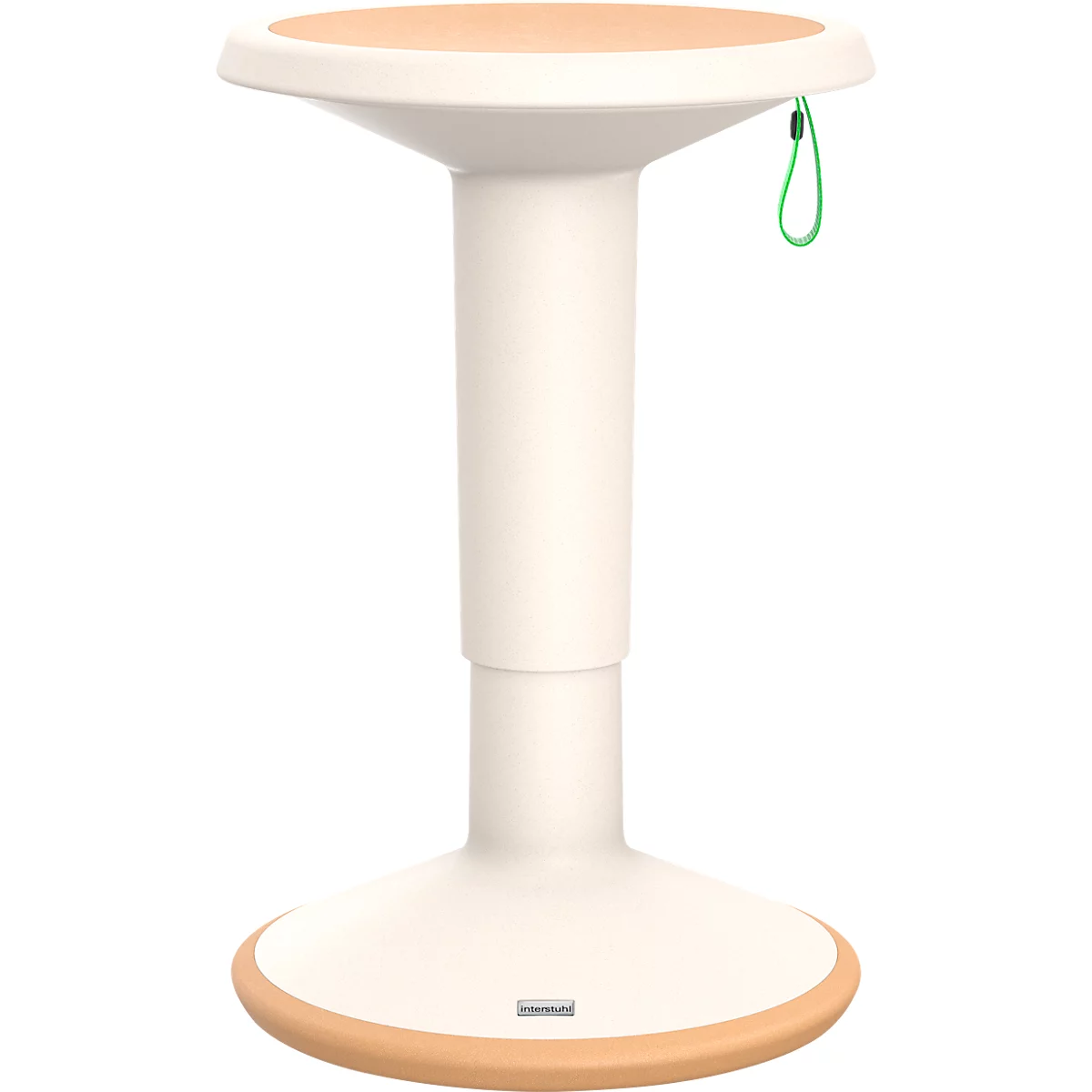 Tabouret debout réglable en hauteur, crème avec assise et anneau de pied marron. Une boucle verte est suspendue sur le côté.